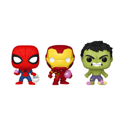 Funko Pop Homem-Aranha, Homem de Ferro, e Hulk com temática de Páscoa