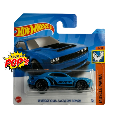 Miniatura de carro Hot Wheels Dodge Challenger SRT Demon azul em embalagem