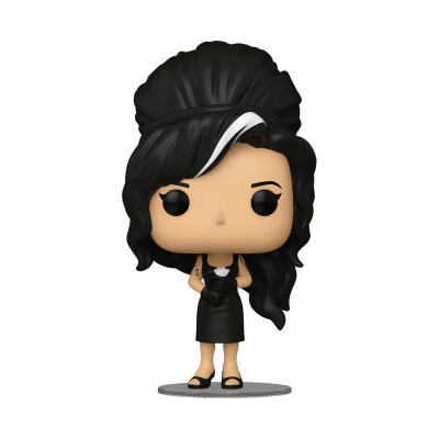 Figura Funko Pop personagem feminina com cabelo preto, vestido preto e base transparente