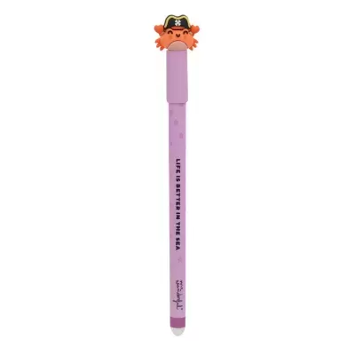 Caneta rosa com texto e borracha de caranguejo pirata