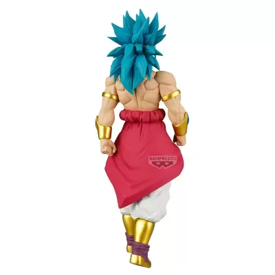 Figura de ação de personagem anime com cabelo azul, braceletes dourados e saia vermelha, vista de costas.