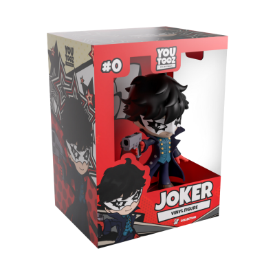 Figura de vinil Joker em caixa vermelha e preta com texto
