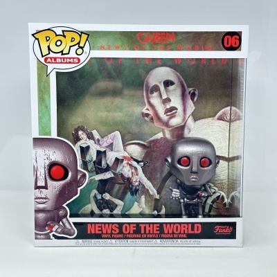 Figura Funko Pop! QUEEN NEWS OF THE WORLD 06 em caixa com arte do álbum e texto de advertência