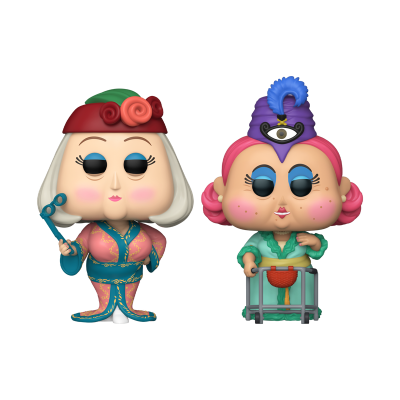 Duas figuras Funko Pop com olhos fechados, uma com cabelo branco e outra com cabelo rosa, roupa colorida e acessórios distintos.