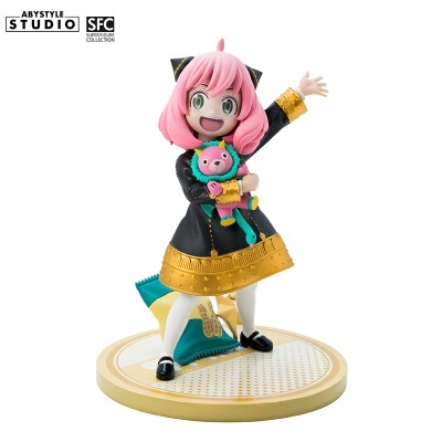 Figura colecionável ABYSTYLE STUDIO com personagem cabelo rosa e vestido preto dourado segurando ursinho colorido em base redonda