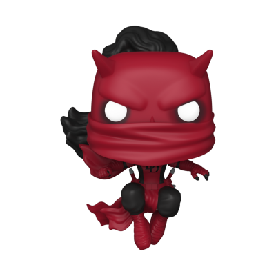 Figura Funko Pop Demolidor em vermelho e preto com cabelo preto e olhos brancos