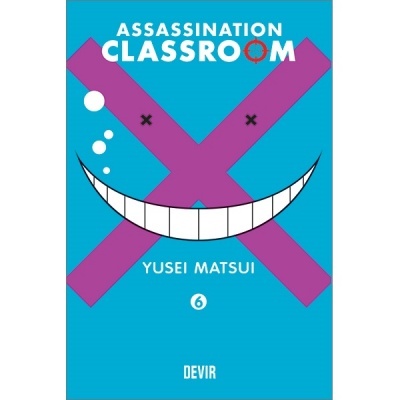 Capa do livro Assassination Classroom com design gráfico azul e rosa e texto