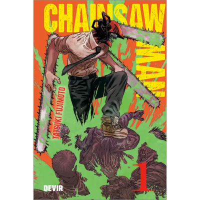 Capa de banda desenhada Chainsaw Man com figura masculina e motosserras