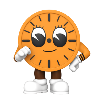Relógio animado laranja com rosto sorridente e luvas brancas