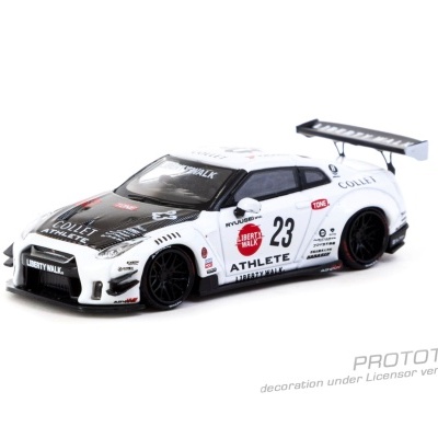 Miniatura de carro de corrida branco com asa traseira preta e várias inscrições