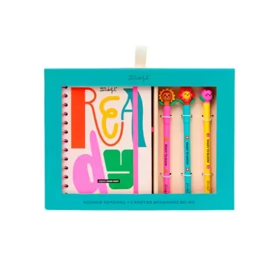 Conjunto agenda semanal colorida com três canetas apagáveis com flores no topo em caixa azul