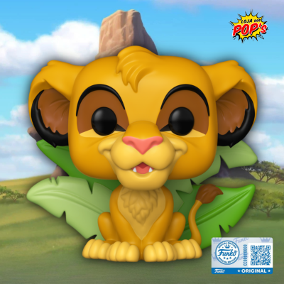 Funko Pop Simba amarelo sentado com folhas verdes e céu de savana ao fundo
