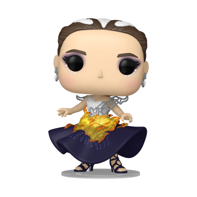 Figura Funko Pop feminina com vestido azul e detalhes que simulam chamas amarelas e laranjas
