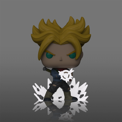 Figura colecionável Funko Pop de personagem com cabelo spiky loiro e roupa preta