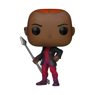 Figura Funko Pop de personagem com lança e fatos coloridos