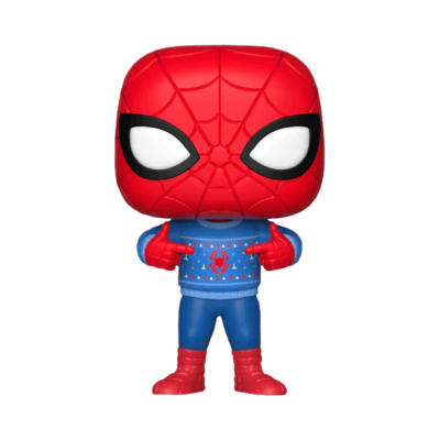 Figura Funko Pop do Spider-Man com máscara vermelha e roupa azul e vermelha