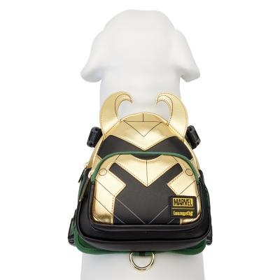 Mochila para cão preto e dourado com tema Marvel e etiqueta loungefly