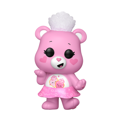 Figura de urso rosa com coroa branca e saia rosa, com padrão e imagens no peito.