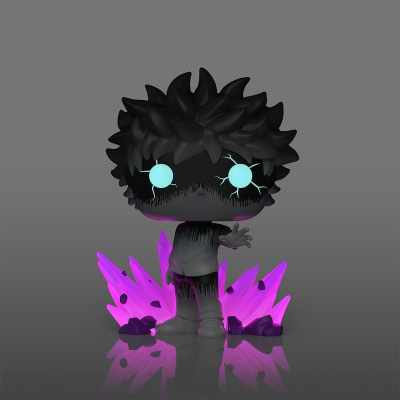 Figura colecionável com cabelo negro e olhos azuis brilhantes numa base de cristais roxos.