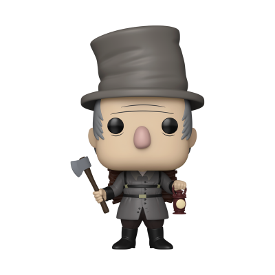 Figura Funko Pop homem com chapéu cinzento, casaco cinzento, segurando machado e lanterna