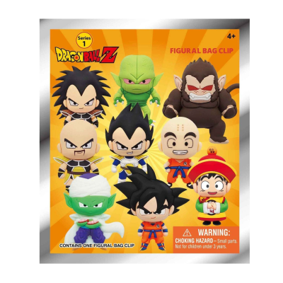 Embalagem amarela com bonecos de Dragon Ball Z e texto Series 1 e FIGURAL BAG CLIP.