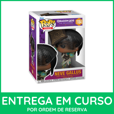 Figura de vinil Funko Pop! Dragon Age Neve Gallus na caixa branca e roxa