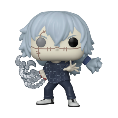 Funko Pop de personagem com cabelo cinza e cicatrizes, vestindo roupa escura e garras prateadas.