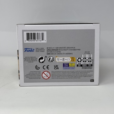 Caixa traseira de Funko Pop com código de barras e símbolos diversos