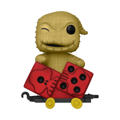 Figura Funko Pop amarelo segurando dados vermelhos numa base com rodas amarelas