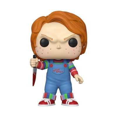 Figura Funko Pop do Chucky com macacão azul e faca