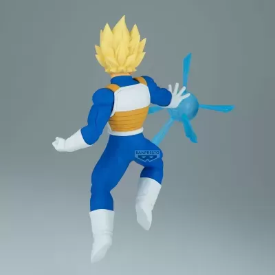 Figura de ação Vegeta com cabelo amarelo e armadura azul e branca, com efeito energético azul