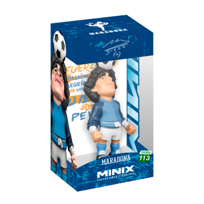 Figura colecionável de Maradona com bola na cabeça em caixa azul