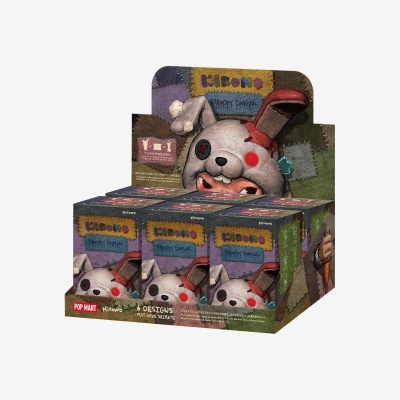 Caixa exposição brinquedos colecionáveis coelho cinzento olhos vermelhos