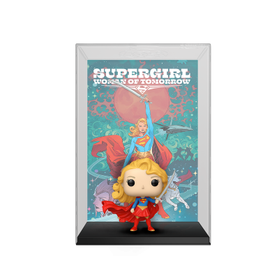 Figura Funko Pop da Supergirl com espada e capa vermelha diante de caixa ilustrada.
