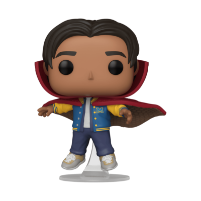 Figura Funko Pop de vinil com casaco azul e capa vermelha