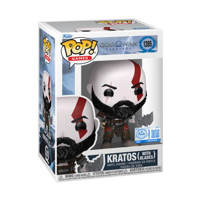 Figura Pop! Games de Kratos com lâminas em caixa do jogo God of War Ragnarok.