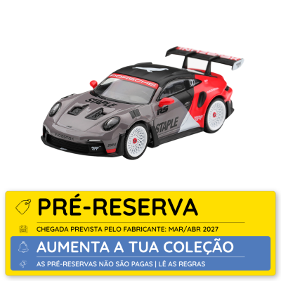 Miniatura de carro desportivo Porsche cinza e vermelho com etiquetas de pré-reserva.