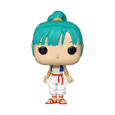 Figura Funko Pop de personagem com cabelo azul esverdeado e fato branco e vermelho