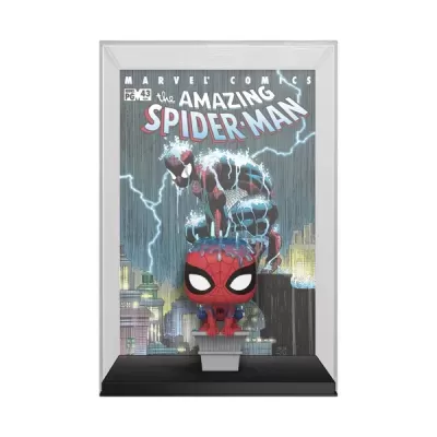 Figura colecionável Homem-Aranha em caixa transparente com capa da revista 'The Amazing Spider-Man'