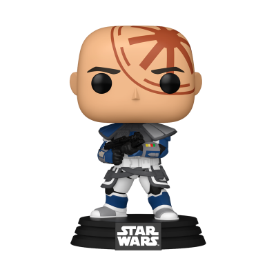 Figura Funko Pop de personagem de Star Wars com roupa azul, branca e preta empunhando arma