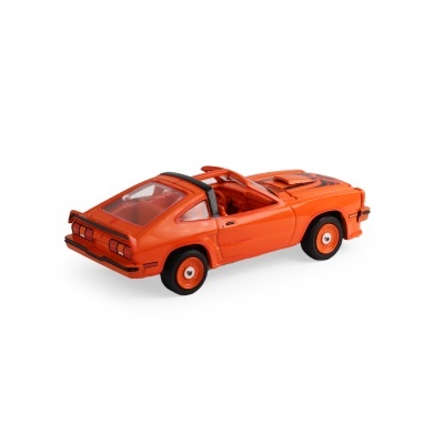 Miniatura de carro desportivo laranja com detalhes pretos e janelas transparentes