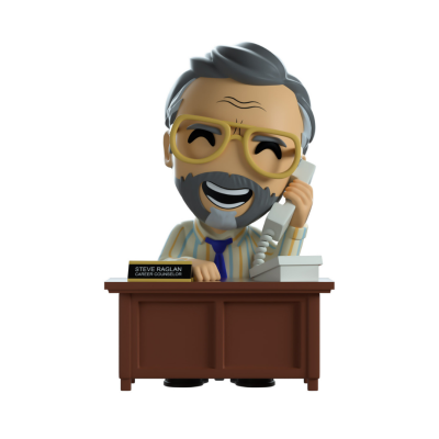 Figura estilizada de homem com óculos amarelos e telefone numa secretária castanha.