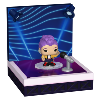 Miniatura Funko Pop com cabelo roxo num palco com microfone