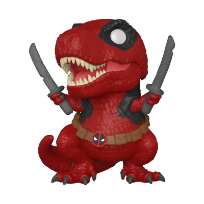 Figura colecionável de dinossauro vermelho com espadas e cinto Deadpool
