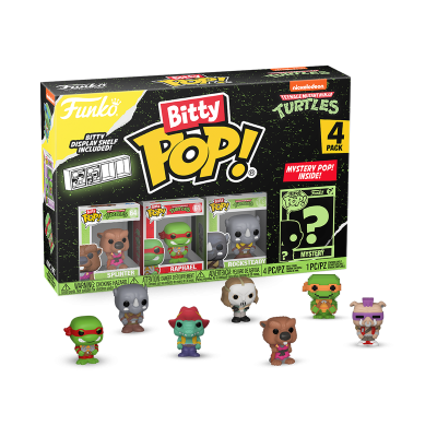 Caixa do conjunto Funko Bitty Pop! Teenage Mutant Ninja Turtles com 4 figuras colecionáveis coloridas e detalhadas