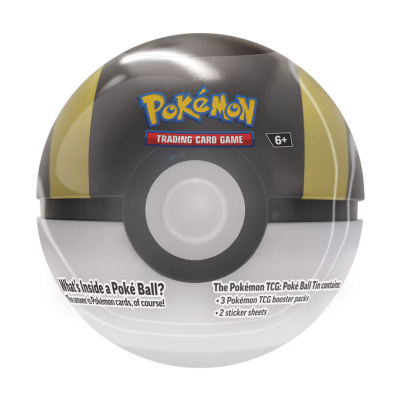 Caixa em forma de Poké Ball preta, branca e dourada do Pokémon TCG