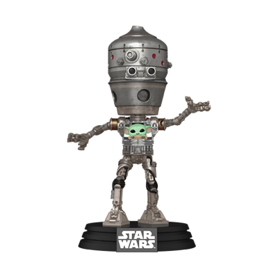 Figura Star Wars com robô metálico e Baby Yoda na base preta