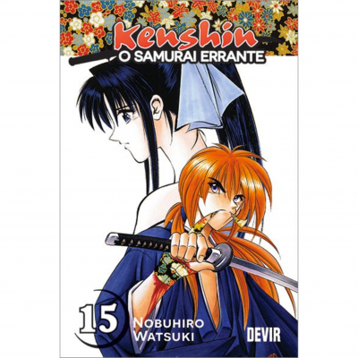 Capa da manga Kenshin O Samurai Errante, volume 15, com personagens anime e texto de título e autor.