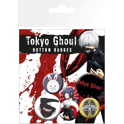 Conjunto de botons Tokyo Ghoul com personagens e símbolos em embalagem de cartão