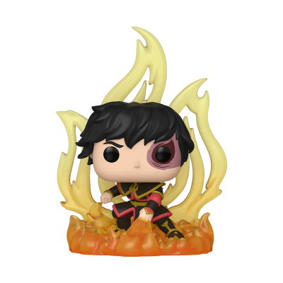 Figura colecionável Funko Pop de personagem com cabelo preto e chamas amarelas ao redor